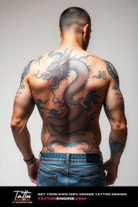 Japanese dragon tattoo, filling all back of a man, back view, wearing jeans, studio light, high quality, detailed