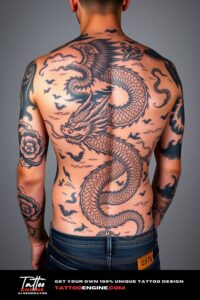 Japanese dragon tattoo, filling all back of a man, back view, wearing jeans, studio light, high quality, detailed