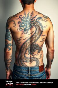 Japanese dragon tattoo, filling all back of a man, back view, wearing jeans, studio light, high quality, detailed