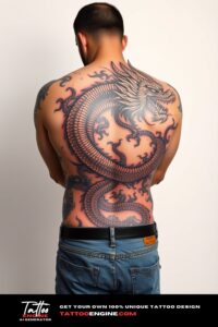 Japanese dragon tattoo, filling all back of a man, back view, wearing jeans, studio light, high quality, detailed