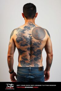 Japanese tattoo, filling all back of a man, back view, wearing jeans, studio light, high quality, detailed