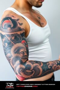 Japanese tattoo, full sleeve of a man, wearing tank top, side view, high quality, detailed