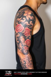 Japanese tattoo, full sleeve of a man, wearing tank top, side view, high quality, detailed