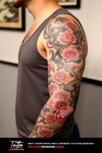 Japanese tattoo, full sleeve of a man, wearing tank top, side view, high quality, detailed