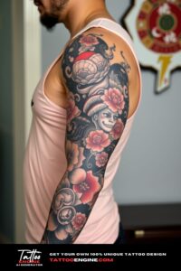 Japanese tattoo, full sleeve of a man, wearing tank top, side view, high quality, detailed