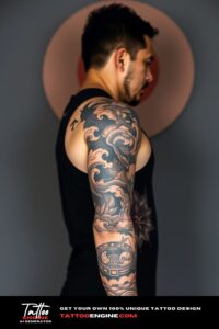 Japanese tattoo, full sleeve of a man, wearing tank top, side view, high quality, detailed