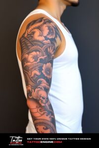 Japanese tattoo, full sleeve of a man, wearing tank top, side view, high quality, detailed