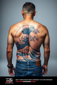 Japanese waves tattoo, filling all back of a man, back view, wearing jeans, studio light, high quality, detailed