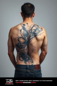 Abstract art tattoo, filling all back of a man, back view, wearing jeans, studio light, high quality, detailed