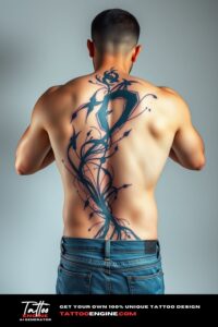 Abstract art tattoo, filling all back of a man, back view, wearing jeans, studio light, high quality, detailed