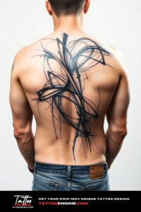 Abstract art tattoo, filling all back of a man, back view, wearing jeans, studio light, high quality, detailed