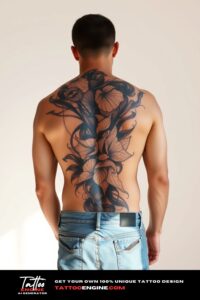 Abstract art tattoo, filling all back of a man, back view, wearing jeans, studio light, high quality, detailed