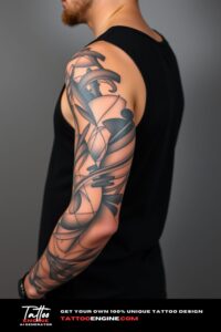 Abstract full sleeve tattoo, full sleeve of a man, wearing black tank top, side view, high quality, detailed