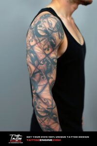 Abstract full sleeve tattoo, full sleeve of a man, wearing black tank top, side view, high quality, detailed