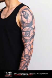 Abstract geometric full sleeve tattoo, full sleeve of a man, wearing black tank top, side view, high quality, detailed