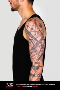 Abstract geometric full sleeve tattoo, full sleeve of a man, wearing black tank top, side view, high quality, detailed