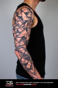 Abstract geometric full sleeve tattoo, full sleeve of a man, wearing black tank top, side view, high quality, detailed