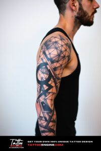 Abstract geometric full sleeve tattoo, full sleeve of a man, wearing black tank top, side view, high quality, detailed