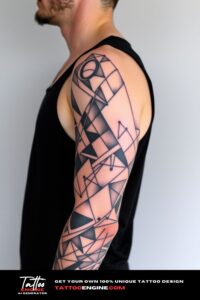 Abstract geometric full sleeve tattoo, full sleeve of a man, wearing black tank top, side view, high quality, detailed