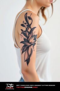 Abstract half sleeve tattoo for women, on arm of a woman, wearing tank top, front view, high quality, detailed