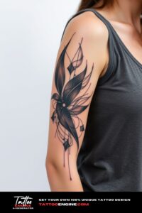 Abstract half sleeve tattoo for women, on arm of a woman, wearing tank top, front view, high quality, detailed