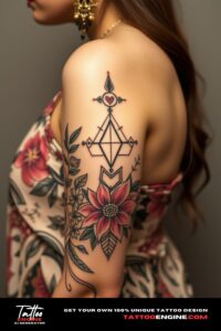 Aesthetic boho tattoo, sleeve of a woman, front view, high quality, detailed