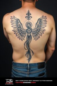 Angel tattoo, filling all back of a man, back view, wearing jeans, studio light, high quality, detailed