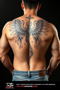 Angel tattoo, filling all back of a man, back view, wearing jeans, studio light, high quality, detailed