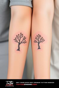 Best friend matching small tree tattoo, two arms of women, front view, studio light, high quality, detailed