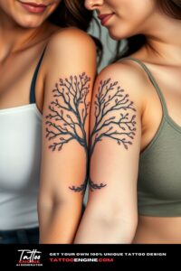 Best friend matching tree tattoo, two arms of women, front view, studio light, high quality, detailed