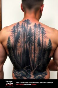 Big detailed forest tattoo, on back of a man, back view, high quality, detailed