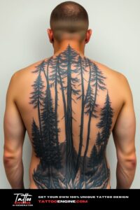 Big detailed forest tattoo, on back of a man, back view, high quality, detailed