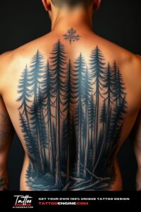 Big detailed forest tattoo, on back of a man, back view, high quality, detailed