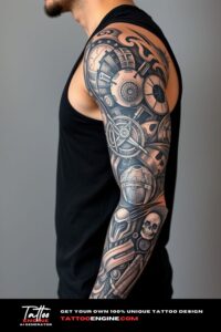 Biomechanical full sleeve tattoo, full sleeve of a man, wearing black tank top, side view, high quality, detailed