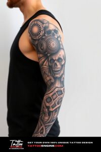 Biomechanical full sleeve tattoo, full sleeve of a man, wearing black tank top, side view, high quality, detailed