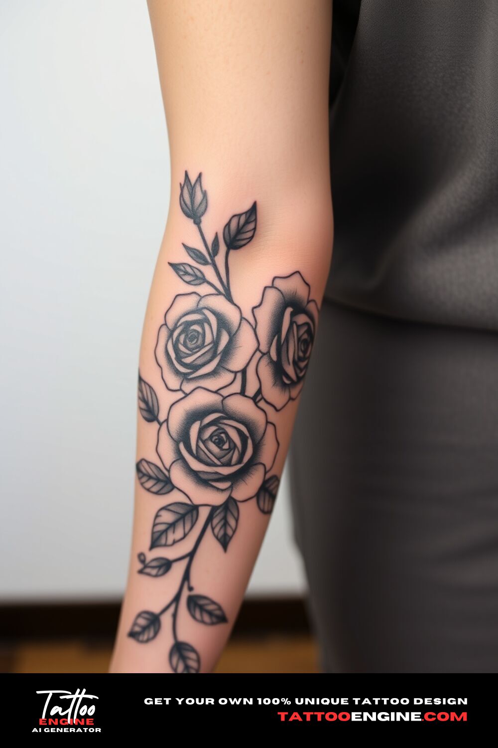 Black floral half sleeve tattoo, on forearm of a woman, side view, covers from the elbow to the wrist, high quality, detailed