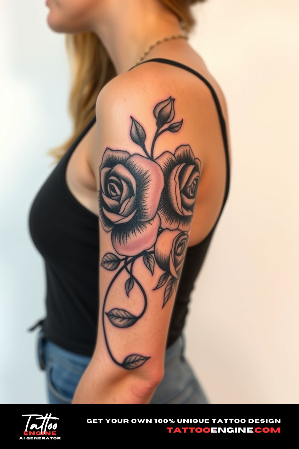 Black floral roses tattoo, on lower half sleeve of a woman, side view, high quality, detailed