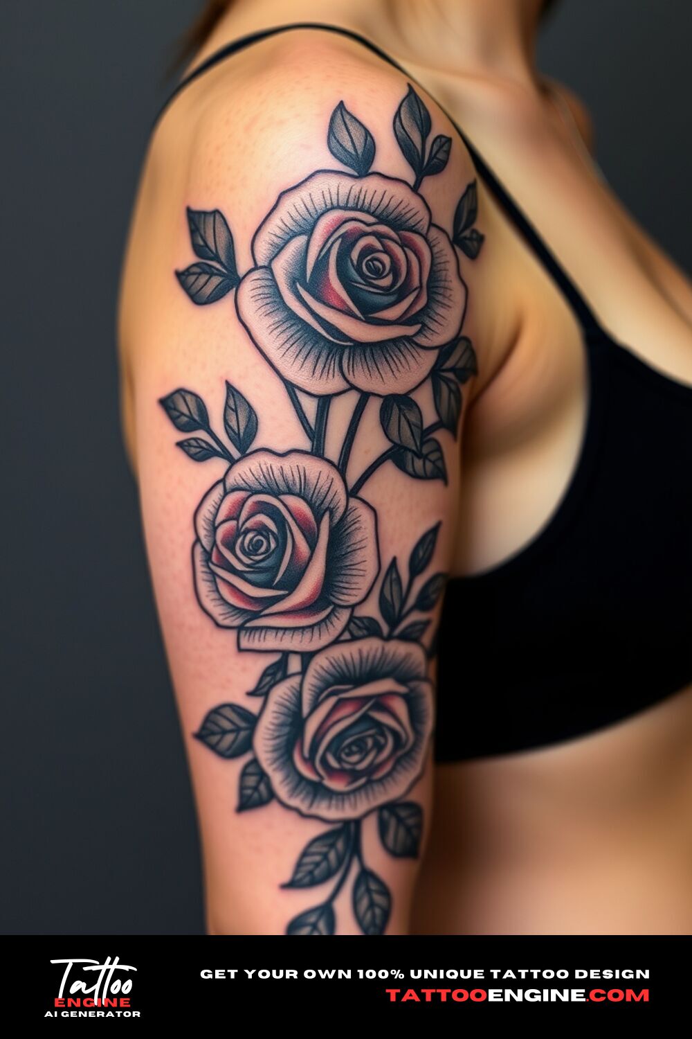 Black floral roses tattoo, on lower half sleeve of a woman, side view, high quality, detailed