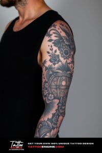 Blackwork full sleeve tattoo, full sleeve of a man, wearing black tank top, side view, high quality, detailed