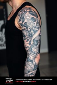 Blackwork full sleeve tattoo, full sleeve of a man, wearing black tank top, side view, high quality, detailed