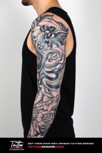 Blackwork full sleeve tattoo, full sleeve of a man, wearing black tank top, side view, high quality, detailed