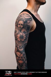 Blackwork full sleeve tattoo, full sleeve of a man, wearing black tank top, side view, high quality, detailed