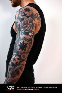 Blackwork full sleeve tattoo, full sleeve of a man, wearing black tank top, side view, high quality, detailed