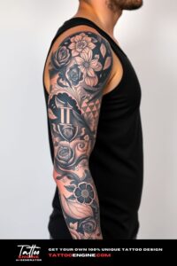 Blackwork full sleeve tattoo, full sleeve of a man, wearing black tank top, side view, high quality, detailed