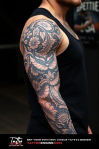 Blackwork full sleeve tattoo, full sleeve of a man, wearing black tank top, side view, high quality, detailed