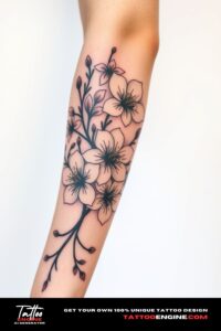 Blossoms tattoo, covering the forearm of a woman, front view, high quality, detailed