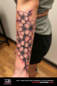 Blossoms tattoo, covering the forearm of a woman, front view, high quality, detailed