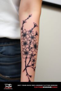 Blossoms tattoo, covering the forearm of a woman, front view, high quality, detailed