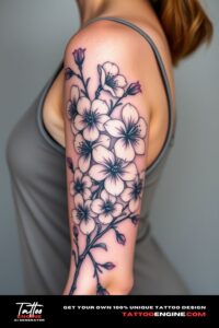 Blossoms tattoo, covering the sleeve of a woman, front view, high quality, detailed