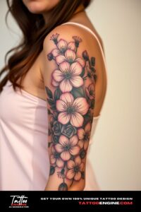 Blossoms tattoo, covering the sleeve of a woman, front view, high quality, detailed